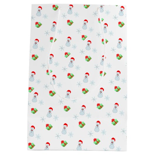雪だるま、雪片、ギフトボックスの白いパターン ミディアムペーパーバッグ (裏面)