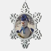 雪だるま(青い帽子、手袋、スカーフ) スノーフレークピューターオーナメント (右)