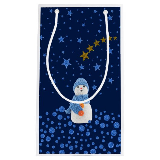 雪だるま、青に輝く青い星 スモールペーパーバッグ (正面)