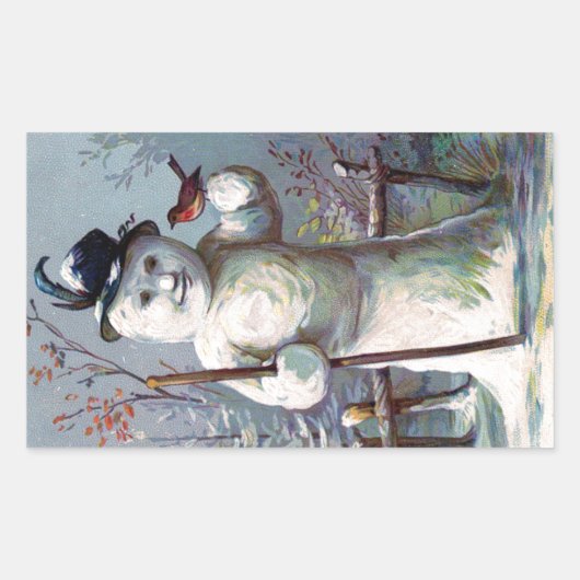 雪だるま(鳥と帽子のヴィンテージシール) 長方形シール (正面)