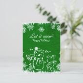 雪だるま、鳥、犬を緑の背景に ポストカード (スタンド正面)