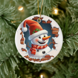 雪だるまin Santa Hat - 3D セラミックオーナメント