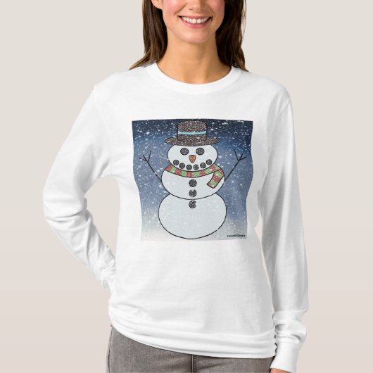 雪だるまw/BG （白） – 女性の長袖シャツ Tシャツ (正面)