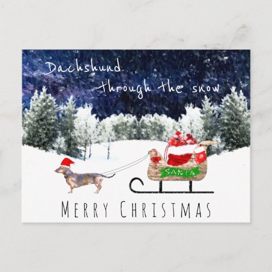 雪でかわいい犬のクリスマスポストを通るダックスフント ポストカード (正面)