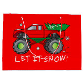 雪でクリスマスツリーを強く引くモンスタートラック ラージペーパーバッグ (裏面)