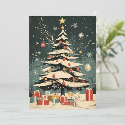 雪で覆われたクリスマスツリーオーナメントギフトボックス シーズンカード (スタンド正面)