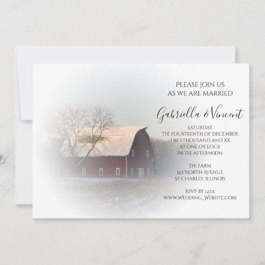 雪で覆われたバーンウィンターカントリーファーム結婚ズ 招待状 (正面)