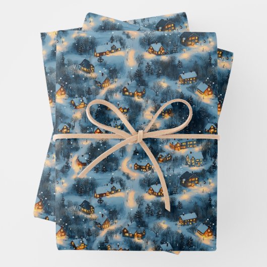 雪で覆われたメインクリスマスビレッジ ラッピングペーパーシート (インサイチュ)