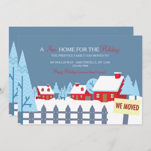 雪で覆われた家々の引っ越しアナウンス シーズンカード (正面/裏面)