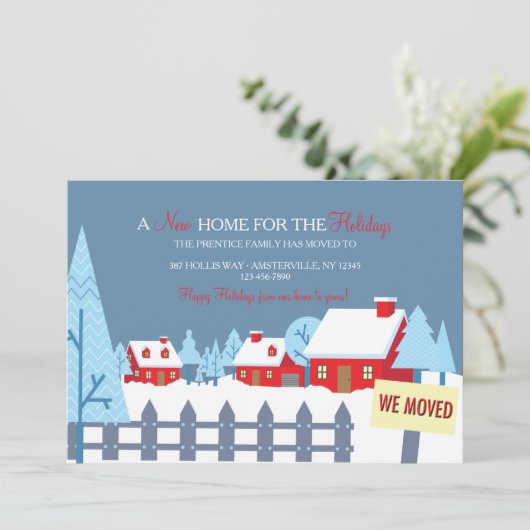 雪で覆われた家々の引っ越しアナウンス シーズンカード (スタンド正面)
