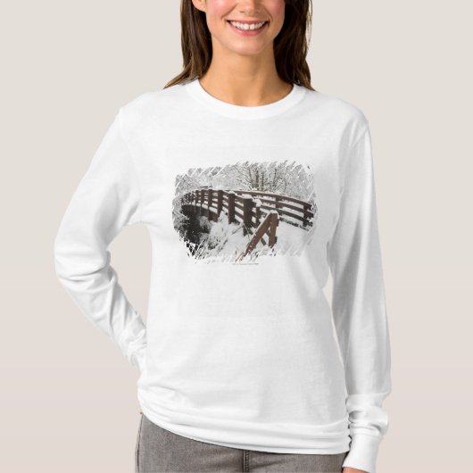 雪で覆われた木橋 Tシャツ (正面)