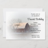 雪で覆われた納屋の冬の誕生日パーティーの招待状 招待状 (正面)