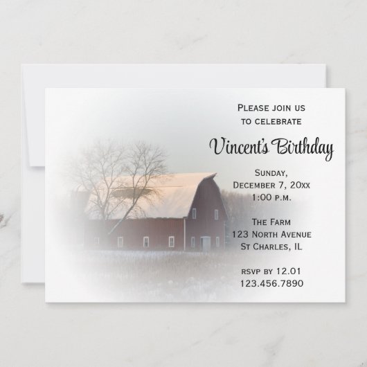 雪で覆われた納屋の冬の誕生日パーティーの招待状 招待状 (正面)