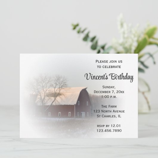 雪で覆われた納屋の冬の誕生日パーティーの招待状 招待状 (スタンド正面)