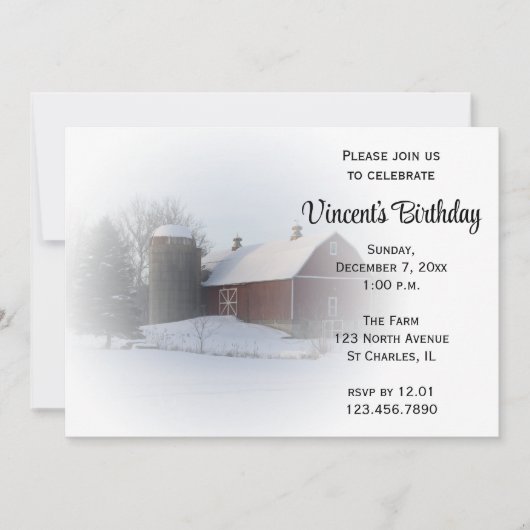 雪で覆われた納屋の冬の誕生日パーティー 招待状 (正面)