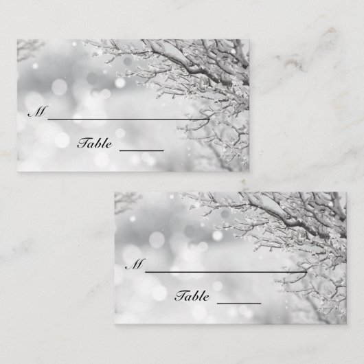 雪ときらめく氷の冬のウェディングフラット プレイスカード (正面/裏面)