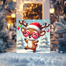 雪とオーナメントと一緒にいる陽気なトナカイ