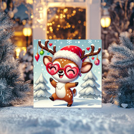 雪とオーナメントと一緒にいる陽気なトナカイ シーズンカード