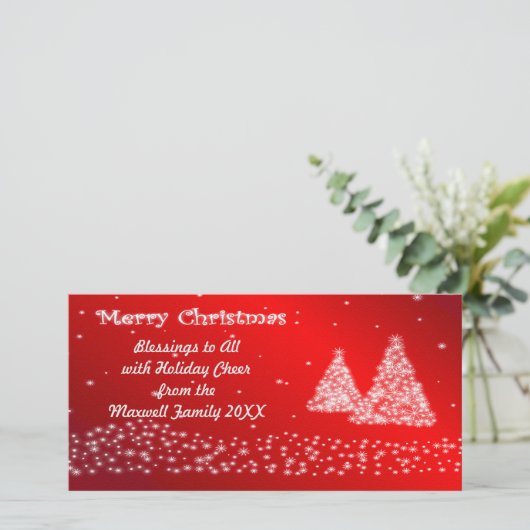 雪とクリスマスツリー赤いフォトカード シーズンカード (スタンド正面)