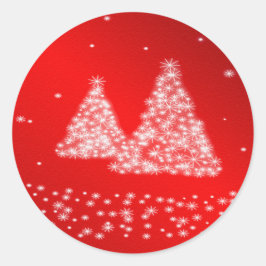 雪とクリスマスツリー赤い背景シール ラウンドシール