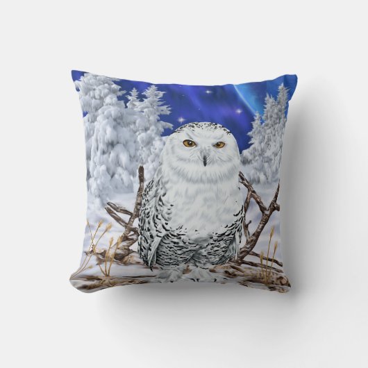 雪とシロフクロウと濃紺の空 クッション (正面)