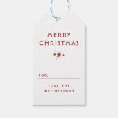 雪とスパークリスファミリー名赤メリークリスマス ギフトタグ (正面)