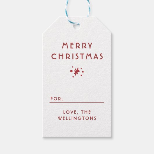雪とスパークリスファミリー名赤メリークリスマス ギフトタグ (正面)
