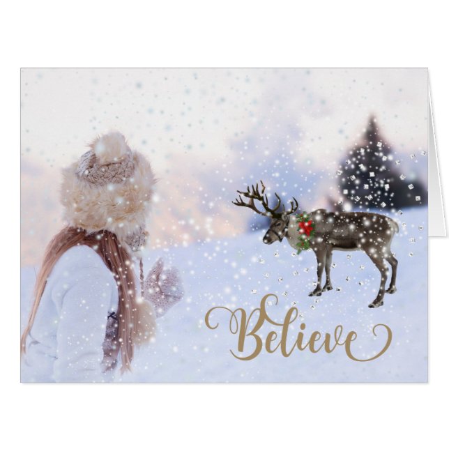 雪とトナカイの写真クリスマスカード (正面横)