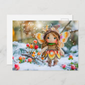 雪とバラのヒップが飾られた妖精の人形 シーズンポストカード (正面/裏面)