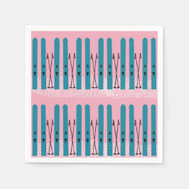 雪とピンクの背景の青いスキー スタンダードカクテルナプキン