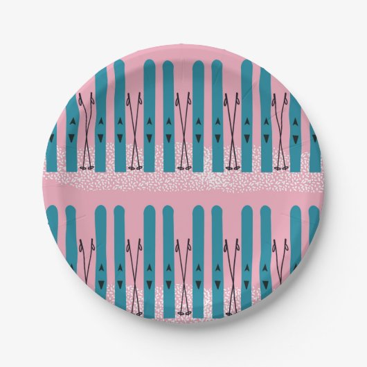 雪とピンクの背景の青いスキー ペーパープレート (正面)