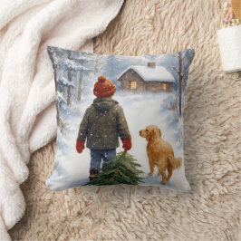 雪とモミの木と犬とクリスマスの少年 クッション