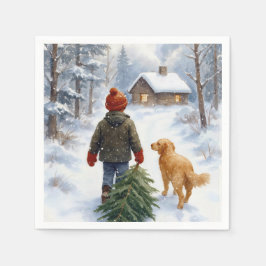 雪とモミの木と犬とクリスマスの少年 スタンダードカクテルナプキン