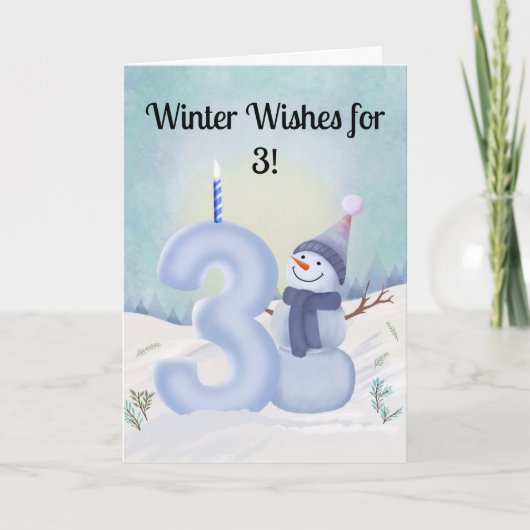 雪と共に立つ3歳のバースデースノーマン カード (正面)