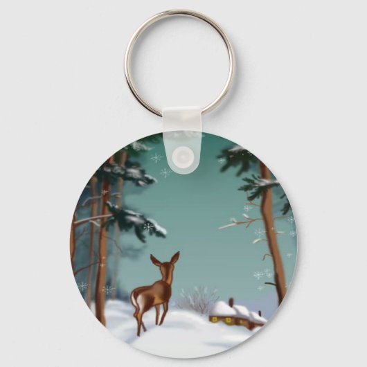 雪と小さな鹿、キーチェーン キーホルダー (正面)