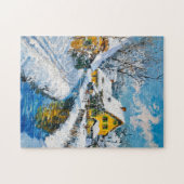 雪と小川と木々のある村の幻想画 ジグソーパズル (横)
