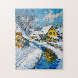 雪と小川と木々のある村の幻想画 ジグソーパズル