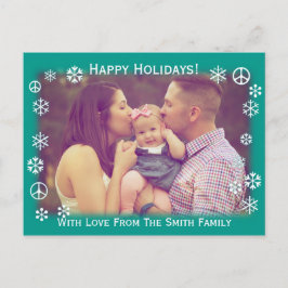 雪と平和のシンボルが緑のホリデーグリーティング シーズンポストカード