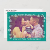 雪と平和のシンボルが緑のホリデーグリーティング シーズンポストカード (正面/裏面)