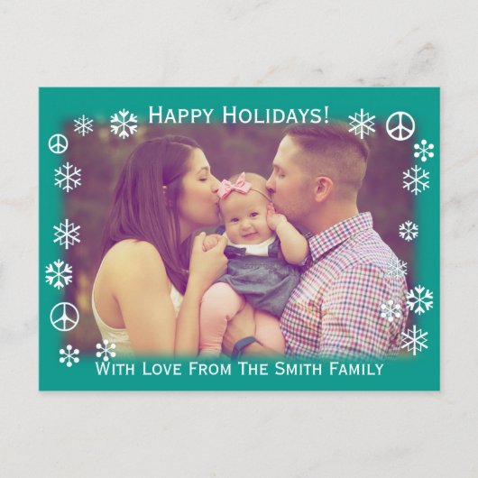 雪と平和のシンボルが緑のホリデーグリーティング シーズンポストカード (正面)