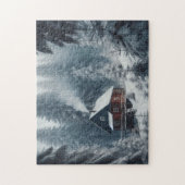 雪と松の木が茂る冬のキャビンの風景 ジグソーパズル (縦)