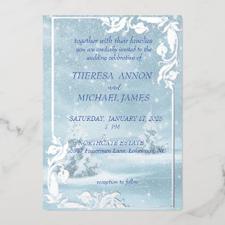 雪と松の木が青く染まる冬の景色 箔招待状