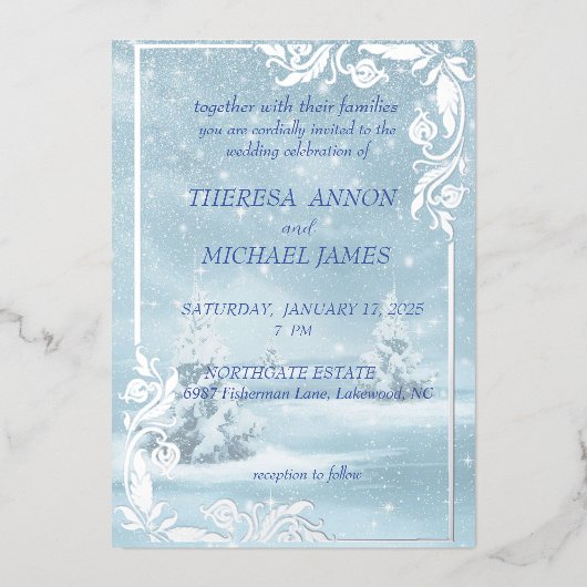 雪と松の木が青く染まる冬の景色 箔招待状 (正面)