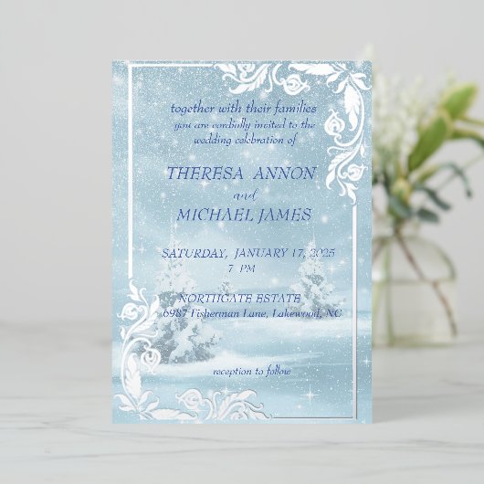 雪と松の木が青く染まる冬の景色 箔招待状 (立ち正面)