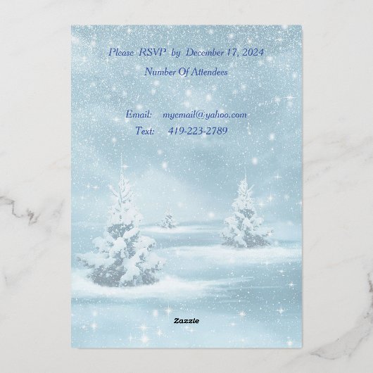 雪と松の木が青く染まる冬の景色 箔招待状 (裏面)