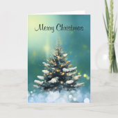 雪と金ゴールド灯の美しいクリスマスツリー カード (正面)