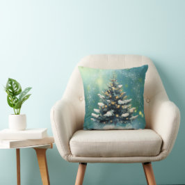 雪と金ゴールド灯の美しいクリスマスツリー クッション