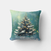 雪と金ゴールド灯の美しいクリスマスツリー クッション (正面)