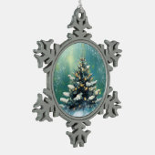 雪と金ゴールド灯の美しいクリスマスツリー スノーフレークピューターオーナメント (左)