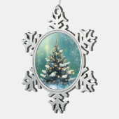 雪と金ゴールド灯の美しいクリスマスツリー スノーフレークピューターオーナメント (右)